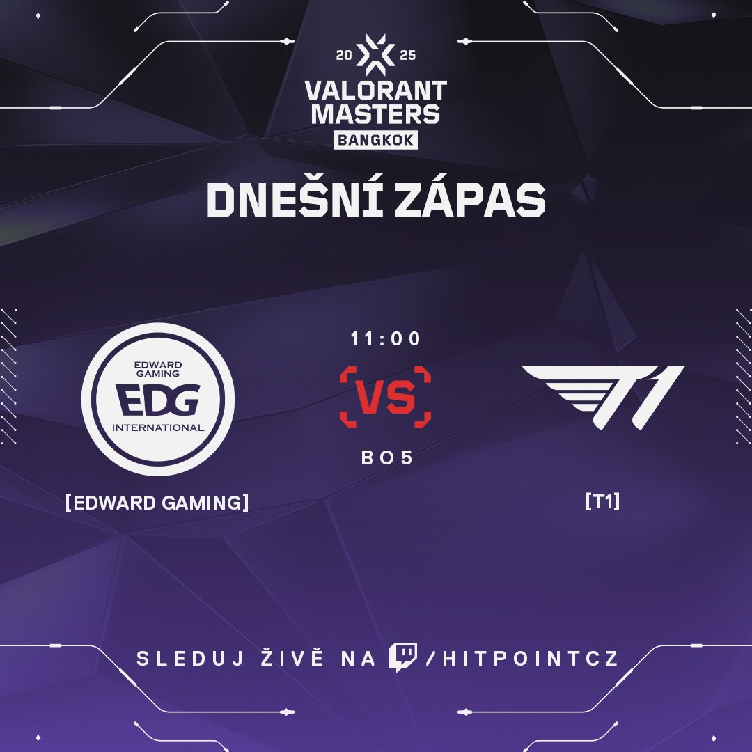 Hitpoint.cz (@hitpointcz) on Twitter photo Semifinále VCT Masters Bangkok! <a href="/T1/">T1 VALORANT</a> najíždí na stopu svého sesterského LoL týmu v lower bracket cestě narazí na úřadující světové šampiony <a href="/EDG_Edward/">Edward Gaming</a>. První BO5 tohoto šampionátu, pojďte si to užít! <a href="/ValorantEsports/">VALORANT Champions Tour</a>
📺 twitch.tv/hitpointcz
🎤 <a href="/Caidorn1/">Marek 'Caidorn' Glas</a>
🎤 <a href="/Kangae15/">Kangae</a> Semifinále VCT Masters Bangkok! <a href="/T1/">T1 VALORANT</a> najíždí na stopu svého sesterského LoL týmu v lower bracket cestě narazí na úřadující světové šampiony <a href="/EDG_Edward/">Edward Gaming</a>. První BO5 tohoto šampionátu, pojďte si to užít! <a href="/ValorantEsports/">VALORANT Champions Tour</a>
📺 twitch.tv/hitpointcz
🎤 <a href="/Caidorn1/">Marek 'Caidorn' Glas</a>
🎤 <a href="/Kangae15/">Kangae</a>