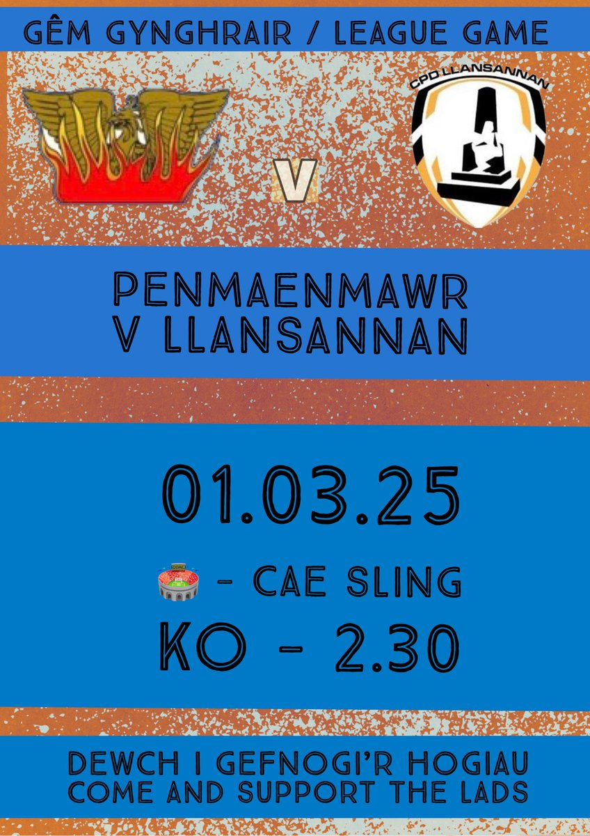 Dewch i gefnogi’r hogiau wrth i ni deithio i Cae Sling i wynebu <a href="/PenPhoenixFC/">Penmaenmawr Phoenix FC</a>. 

Another tough test for the lads today as we face Penmaenmawr at Cae Sling. Come and support the lads.