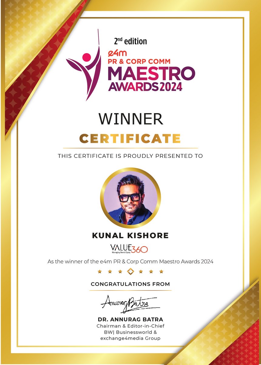 e4m Live (@e4mevents) on Twitter photo Our heartiest congratulations to <a href="/KunalKishore24/">Kunal Ajit Sinha</a> from <a href="/value_360/">V360 Group</a> for winning the 2nd edition of e4m PR and Corp Comm Maestro Awards 2024
<a href="/anuragbatrayo/">Anurag Batra</a> | <a href="/nawalahuja/">Nawal Ahuja</a> | <a href="/karanbhatias/">Karan Bhatia</a>
#e4mMaestroAwards #e4mevents #PRCorpComm #PRCommuneMaestroAwards Our heartiest congratulations to <a href="/KunalKishore24/">Kunal Ajit Sinha</a> from <a href="/value_360/">V360 Group</a> for winning the 2nd edition of e4m PR and Corp Comm Maestro Awards 2024
<a href="/anuragbatrayo/">Anurag Batra</a> | <a href="/nawalahuja/">Nawal Ahuja</a> | <a href="/karanbhatias/">Karan Bhatia</a>
#e4mMaestroAwards #e4mevents #PRCorpComm #PRCommuneMaestroAwards