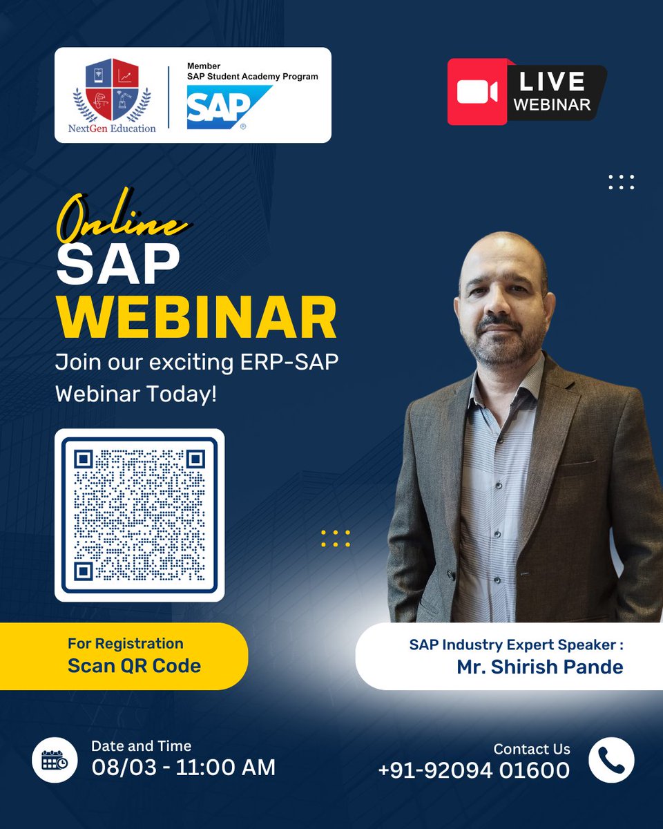 NextGenEdu_Pune's tweet photo. 📢SAP 𝐖𝐞𝐛𝐢𝐧𝐚𝐫 𝐀𝐥𝐞𝐫𝐭! This is your chance to gain a competitive edge in the @SAP industry and explore a world of possibilities!🗓️ 𝗦𝗮𝘁𝘂𝗿𝗱𝗮𝘆,𝟬𝟴 𝗠𝗮𝗿𝗰𝗵 at 𝟭𝟭:𝟬𝟬 𝗔𝗠 𝘰𝘯𝘸𝘢𝘳𝘥𝘴 Scan QR Code to Register.#sap #webinar #sapjobs https://t.co/MMLFAhF0zn