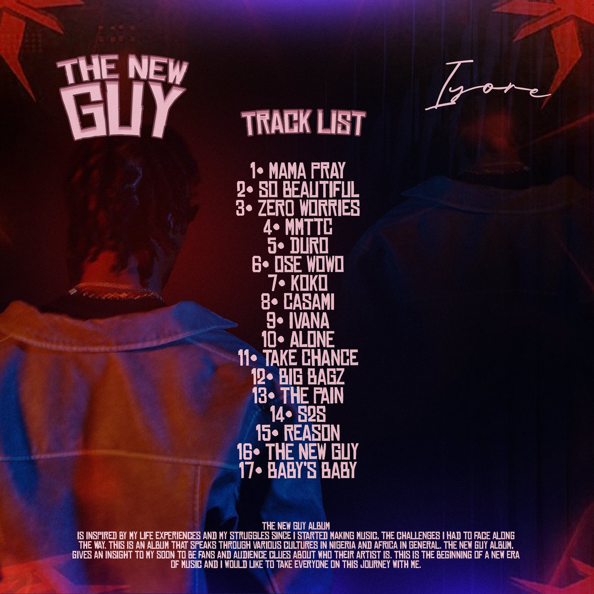 Excited to unveil the track list for “THE NEW GUY” album! Each song tells a unique story, and I can’t wait for you to experience them all. The artwork captures the essence of the journey that reflect the emotions within each track. Stay tuned for a visual and auditory adventure!