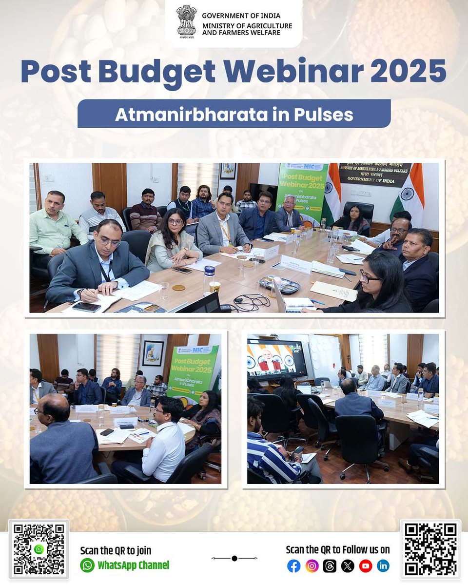 Mission for Atmanirbharata in Pulses

The Post Budget Webinar 2025 on Agriculture and Rural Prosperity, with the sub-theme 'Mission for Atmanirbharta in Pulses', being held today at Krishi Bhawan, New Delhi.

A 6 year Mission for Atmanirbharta in Pulses, with a special focus on