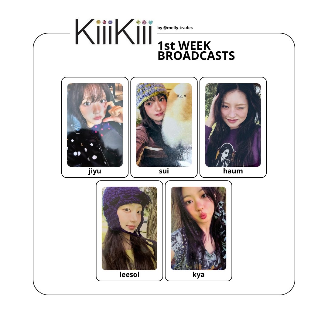 [ template ] 
KiiiKiii 1st week broadcasts

drive: drive.google.com/drive/mobile/f…

#kiiikiii #KiiiKiii_I_DO_ME 
KiiiKiii 키키 jiyu 지유 sui 수이 leesol 이솔 haum 하음 kya 키야