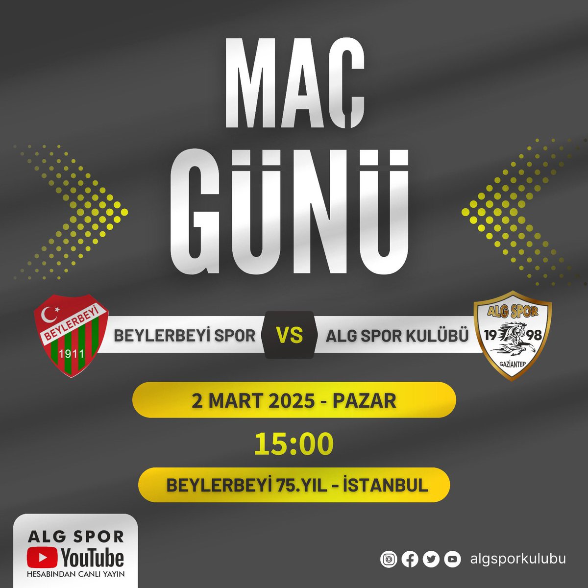 Kulübümüz Turkcell Kadın Futbol Süper Ligi 2024-2025 sezonunun 18. haftasında Beylerbeyi Spor ile karşı karşıya gelecek.

Karşılaşma 2 Mart Pazar günü saat 15:00’da İstanbul “Beylerbeyi 75. Yıl Sahası’nda” gerçekleşecek.
Tüm taraftarımızı bekliyoruz.

#kadınfutbolu #football