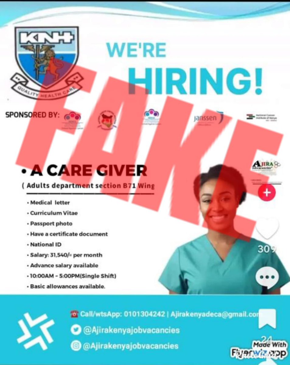 Beware of this fake job advertisement being shared on social media, falsely claiming to offer employment at Kenyatta National Hospital. This fake job post is designed to mislead job seekers and may attempt to collect personal information or demand payment for processing fees.