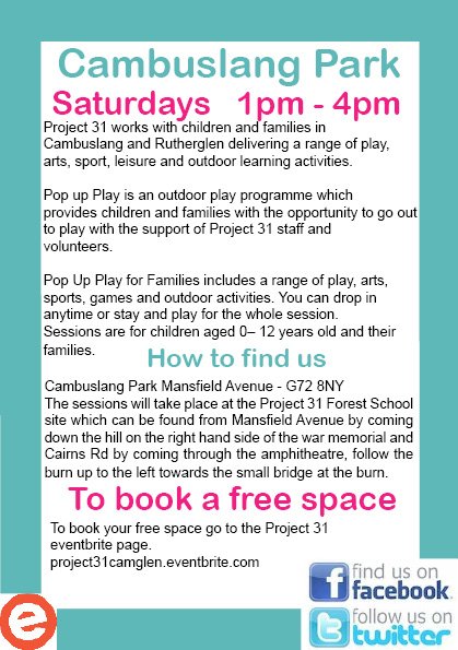 CHANGE OF PLACE!!

Pop Up Play for Families will be at the MUGA at the Cairns Rd entrance of Cambuslang Park today as our site is super muddy! There will be lots of outdoor fun to be had! eventbrite.co.uk/e/pop-up-play-…