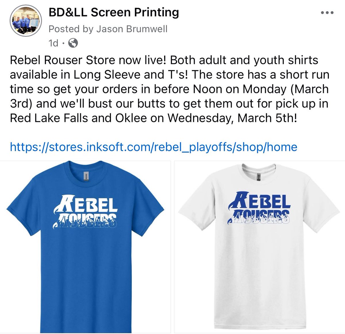 “Rebel Rousers” playoff shirts available to order until noon on Monday, March 3rd! Follow the link to get yours before the first playoff game! stores.inksoft.com/rebel_playoffs…