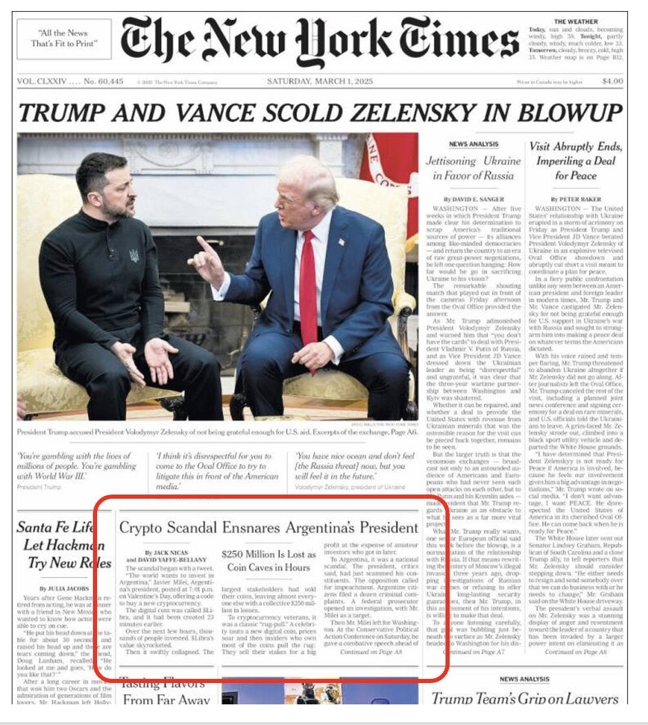 Fenómeno barrial?: Milei llegó a la tapa del New York Times, pero por la  estafa $LIBRA👀