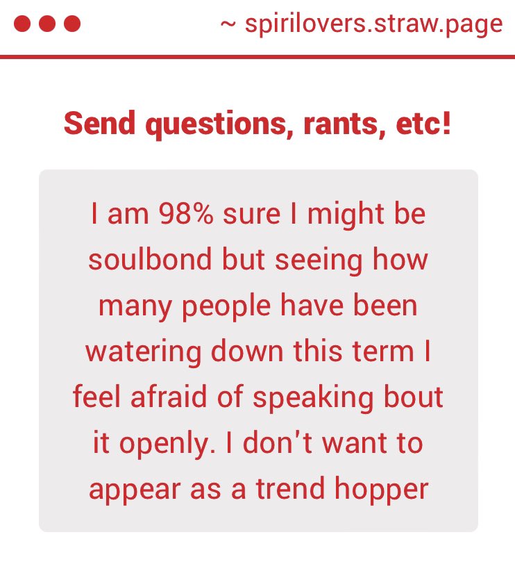 SpiriLovers's tweet image. #spiriluvgimmicks

Hi! I know many people going through the same dilemma. As someone with long term experience soulbonding, some people finding the term now are misusing it :(. My only advice is you know your own experiences, anon, go for it if it feels right! -🧁