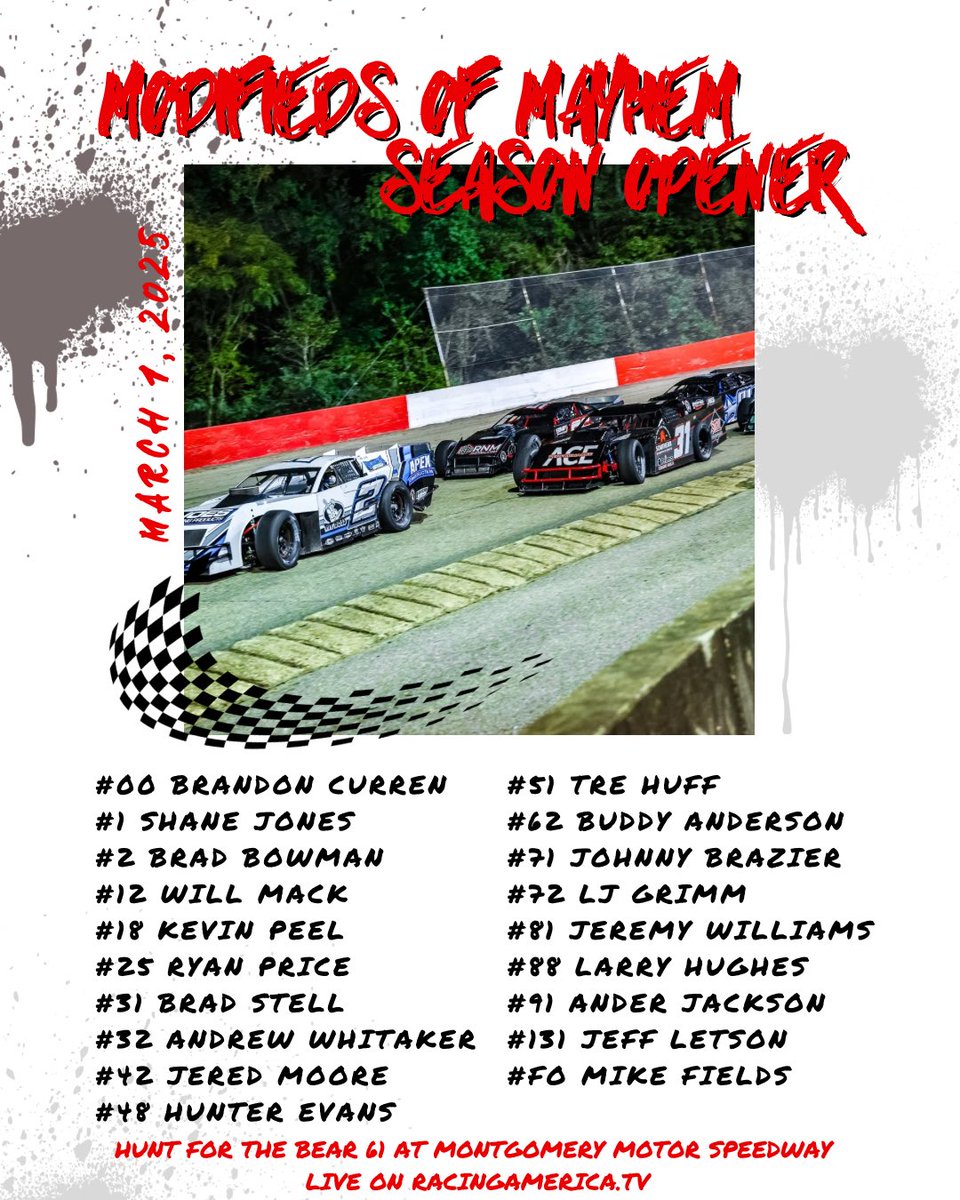 SEASON OPENER RACEDAY 🏆 
📍Montgomery Motor Speedway 
Hunt For The Bear 61 

THE RUNDOWN: 
12:30pm - Practice 1
1:30pm - Practice 2
3:00pm - Grandstands open 
3:30pm - Qualifying
5:00pm - Autograph session on the front stretch 
6:00pm - Hunt for the Bear 61