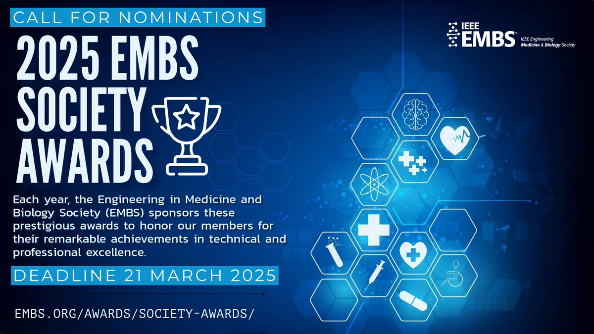 Call for Nominations: IEEE EMBS Society Award

🗓️ Deadline: March 21

EMBS is now accepting nominations for its prestigious Society Awards.  Nominate a member shaping the future of biomedical engineering!

🔗 Details &amp; submission portal: embs.org/awards/society…

#IEEE #EMBS