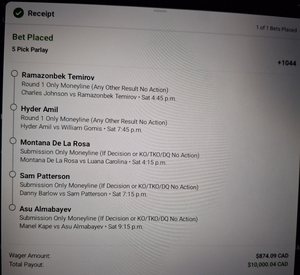 MrElectricute's tweet image. All upside #ShootForTheMoon Parlay📈

+1044
$874 ➡️ $10,000
🥊#Temirov R1 ONLY
🥊#Amil R1 ONLY
🥊 Rosa Sub ONLY (PUSH)
🥊 #Patterson Sub ONLY
🥊 Asu Sub Only

These legs have action by these methods ONLY If Temirov goes to Round 2, it pushes. If Patterson gets KO'd it pushes