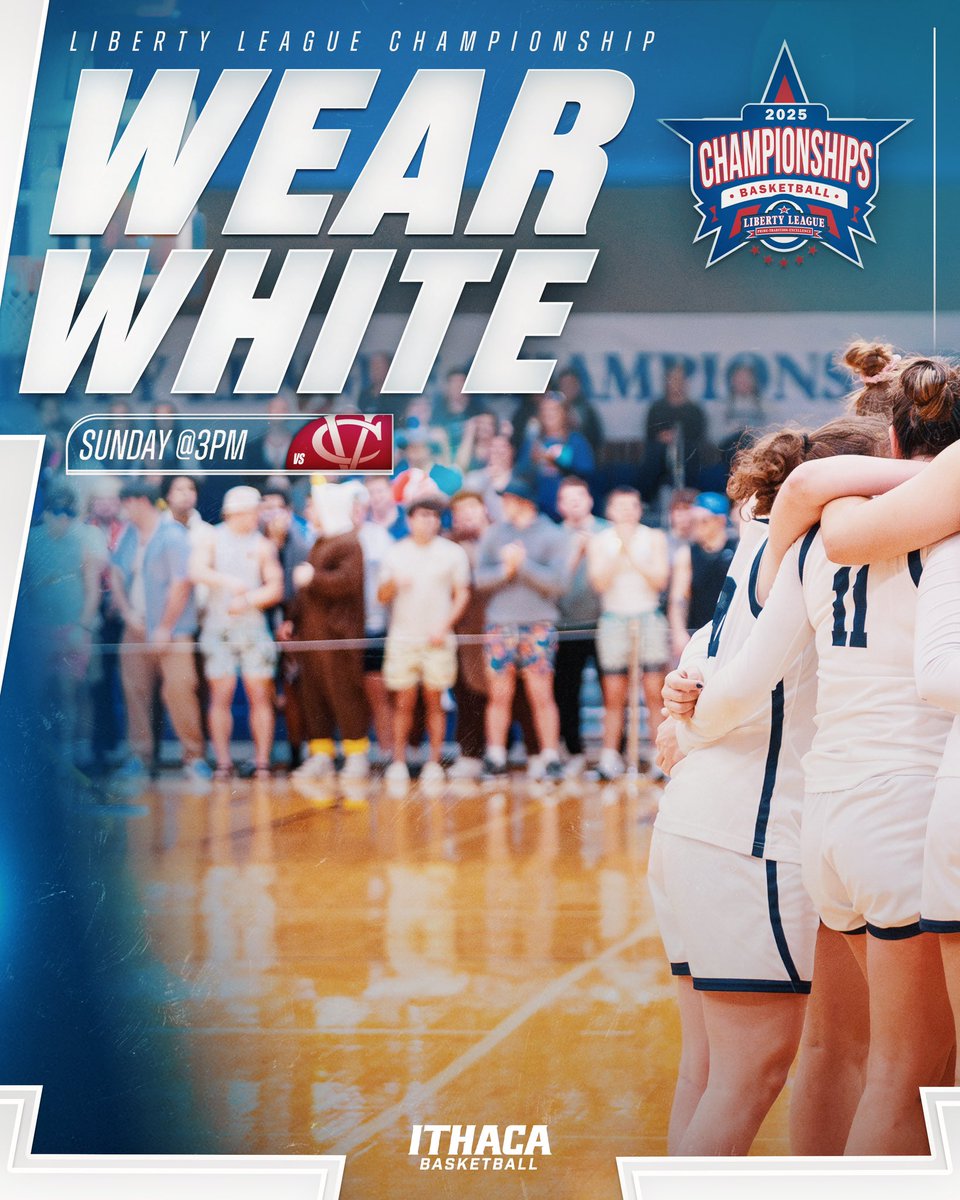 WEAR WHITE!!!!⚪️ Women’s basketball hosts Vassar in the Liberty league Championship TOMORROW! 3:00pm tipoff, BE THERE‼️

SPIRIT THEME IS WHITEOUT!
PACK BEN LIGHT 🏀

#oneboat | #gobombers