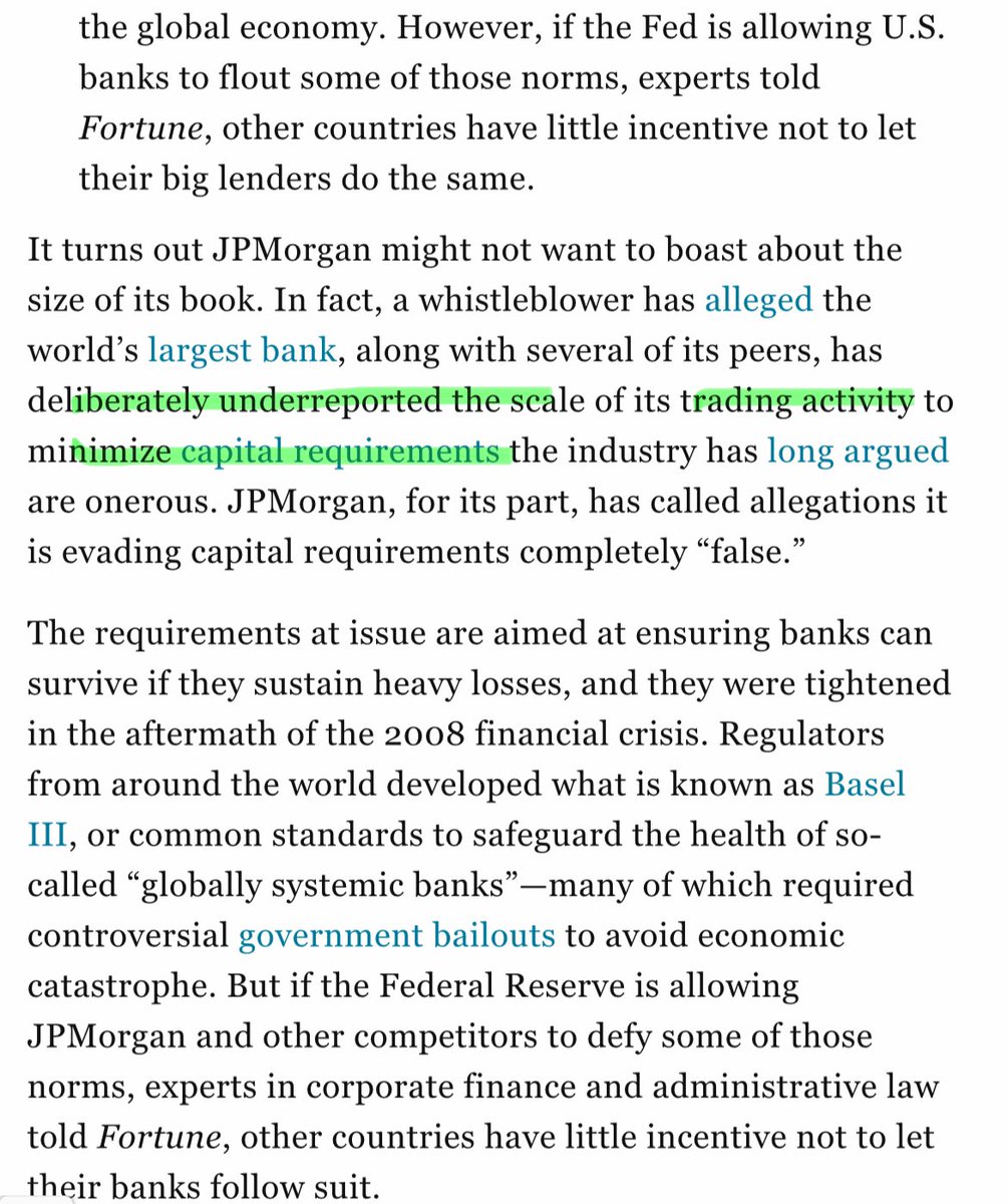 JUST IN: A former employee and whistleblower of $JPM JPMorgan is accusing the bank of ‘obscuring’ the size of their trading business to evade capital requirements.

Are regulators simply turning a blind eye — or do they flat out not care anymore?