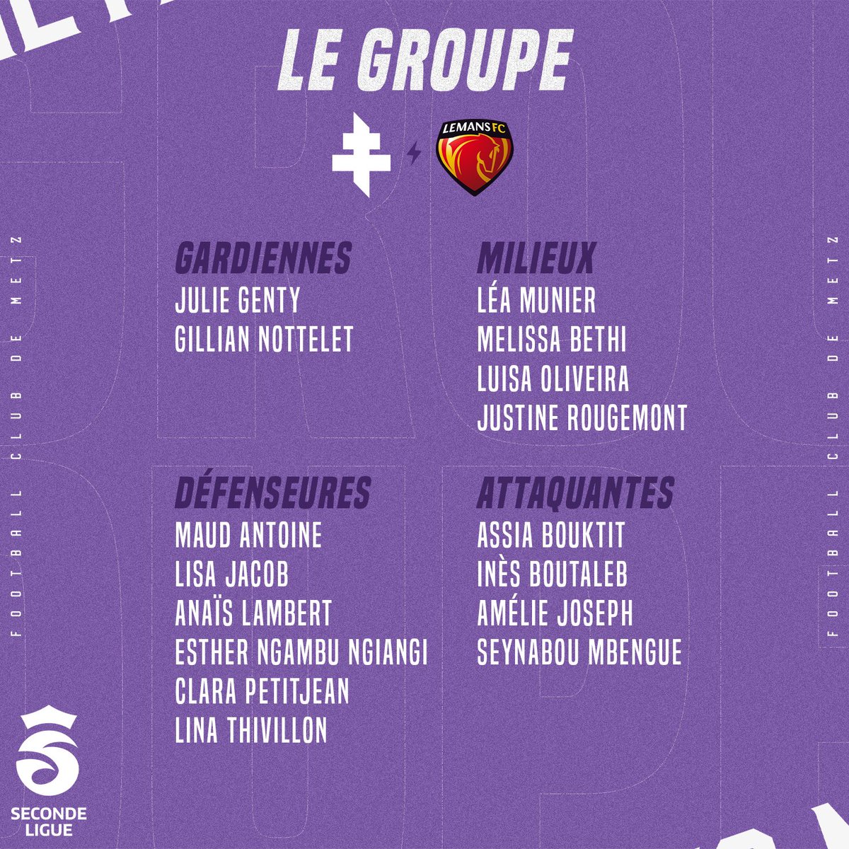 FCMetz's tweet photo. #FCMLMFC [ 𝔽𝕖́𝕞𝕚𝕟𝕚𝕟𝕖𝕤 ]

🔎 Le groupe retenu par 𝗠𝗮𝗿𝗶𝗻𝗲 𝗠𝗼𝗿𝗲𝗹 pour le match de demain face au @LEMANSFC. https://t.co/QpH0AIscb2
