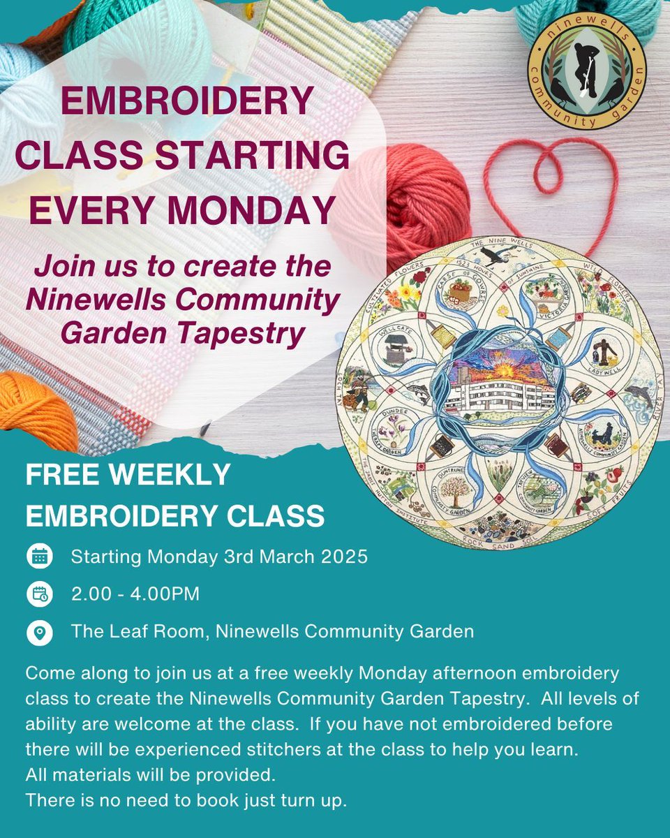 Ninewells Garden (@ninewellsgarden) on Twitter photo Don't forget our new embroidery class starts tomorrow.
Drop in from 2-4pm to learn about the design process and meet our stitchers!
No experience or skills required
any questions - admin@ninewellsgarden.org.uk Don't forget our new embroidery class starts tomorrow.
Drop in from 2-4pm to learn about the design process and meet our stitchers!
No experience or skills required
any questions - admin@ninewellsgarden.org.uk