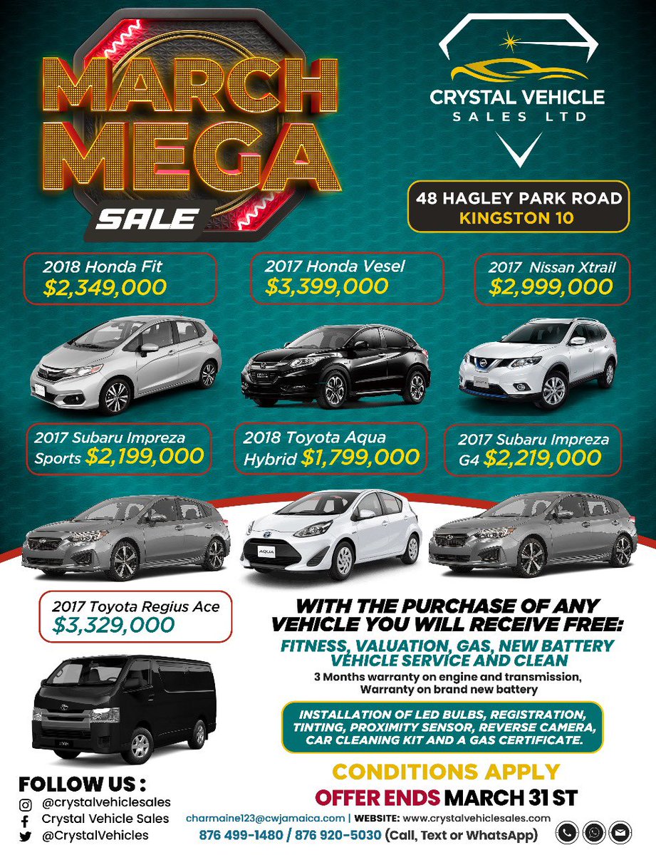 Crystalvehicles's tweet photo. March into savings! 🚗🔥 

Incredible deals and unbeatable prices on all vehicles,this is your chance to drive away with a great deal. Hurry, while supplies last! 🚗🚙

Call us today! 876-499-1480 (call, text or WhatsApp us) or visit us 48 Hagley Park Road, Kingston 20 https://t.co/0pQJA21lp8