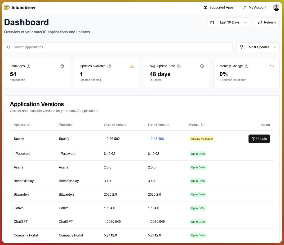 Introducing the Web Portal for IntuneBrew!

The 260 IT admins who joined the waitlist now have exclusive access to the new IntuneBrew Web Portal.

Until now, IntuneBrew has helped hundreds of IT admins to automate macOS app packaging and deployment to Intune via PowerShell. Now,
