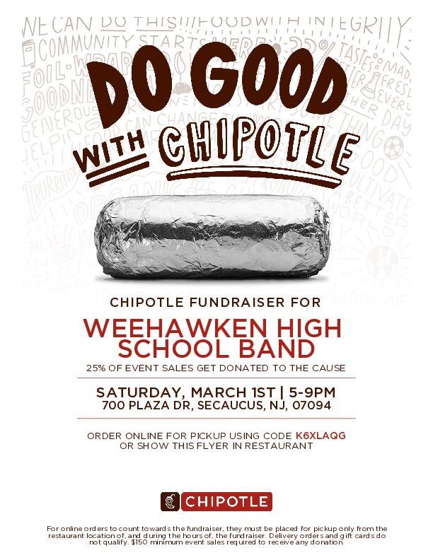Our Chipotle Fundraiser is today! 5-9PM

Location: 700 Plaza Dr, Secaucus, NJ, 07094

Show this flyer at the cashier or use our code online to place an order for pickup (CODE: K6XLAQG)