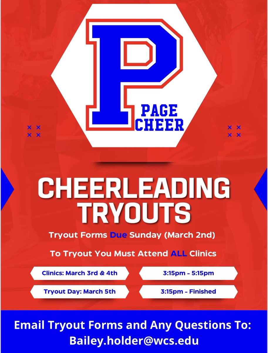 PageHSvCheer's tweet image. PHS Cheer Tryouts are almost here!!!
Tryout forms turned in by email no later than tomorrow!
Email: Bailey.holder@wcs.edu with any questions
@wcsPHSathletics @page_pto @PHSBooster
