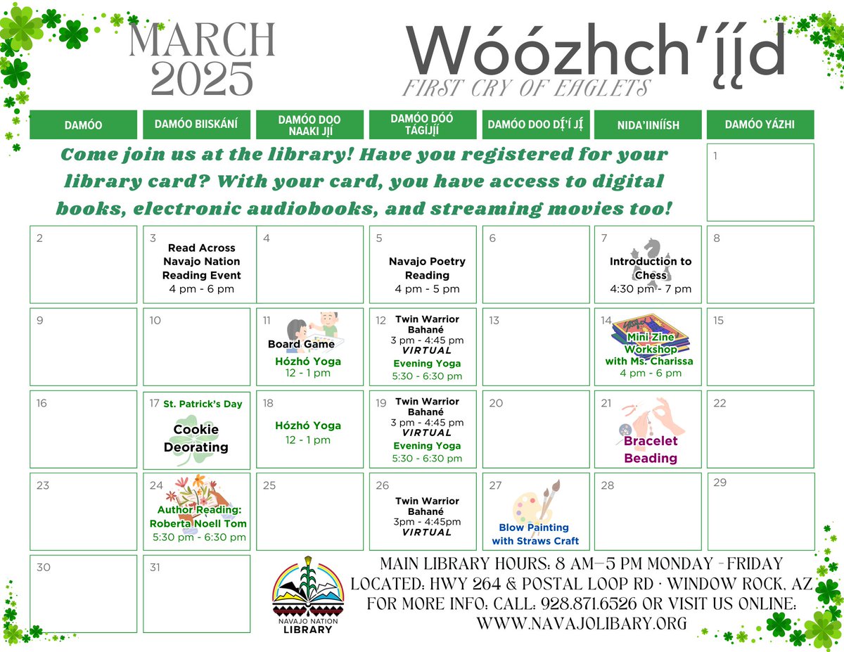NavajoLibrary's tweet image. Yá’át’ééh Wóózhchʼį́į́d! Join us in March!