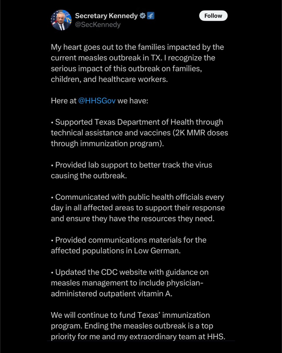Despite a head-fake in that direction, do you know what our HHS Secretary doesn’t say in his post?

That unimmunized people should get the measles vaccine, the most well-demonstrated, safe, and effective way to stop the spread of one of the world’s most contagious diseases.