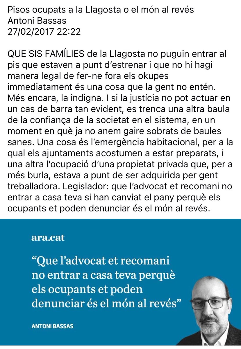 deCanPuig's tweet photo. 2017 i seguim igual amb el tema de les ocupacions… i qui no ho entengui és perquè mai li han ocupat casa seva…
Article @antonibassas https://t.co/T6f1Zd7ui0