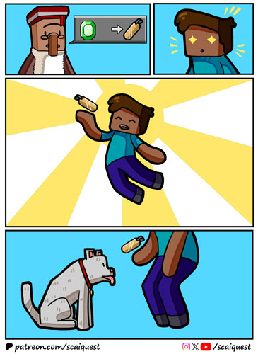 ScaiQuest's tweet image. 🥳New comic: "Looking for an updog"! A small story about what we sacrifice in the pursuit of a pun. 🤪

👀Join us on Patreon (patreon.com/scaiquest) for early &amp;amp; behind-the-scenes access, HD art and bonus panels!

#minecraft #minecraftcomic #minecraftart #minecraftmeme