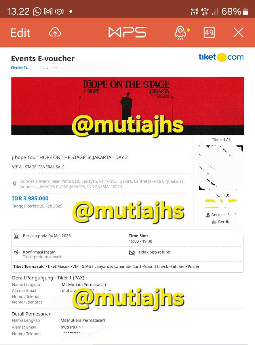 mutiajhs's tweet photo. UPDATE WTS! Buat army kalo lewat tl kalian please help rt ‼️

WTS tiket konser jhope 1 tix VIP A day 2 under price Rp. 3.780.000 (qn 1700an). Gpp rugi, yg pnting cpet kejual 😭

Yuk ARMY tanya² dulu, dm aku gpp 

#HOPE_ON_STAGE_TOUR #HOPE_ON_THE_STAGE_TOUR_US #wtsjhope #zonauang https://t.co/C0xXwCFQgA