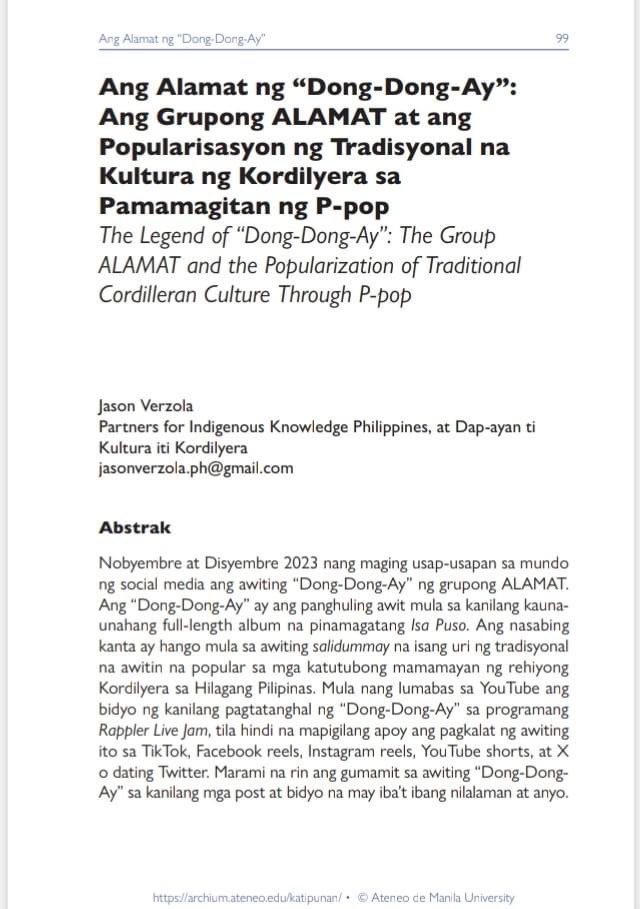 Mga Magiliw! Available na online ang Katipunan Journal Vol. 12 No. 1 (2025). Makikita at mababasa dito ang article na gawa at akda ni Jayson Verzola @LokalNaDayo tungkol sa aming awitin na "Dong-Dong-Ay" 

Link: archium.ateneo.edu/katipunan/

#ALAMATDongDongAy 
#ALAMAT