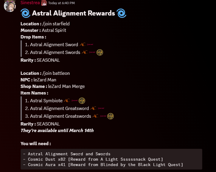 Datenshi6699's tweet photo. 🌀 Astral Alignment Rewards 🌀

A rare Great Planetary Alignment of 7 planets takes place tonight 😱

Get 2 new swords from Astral Spirit in /starfield
Talk to leZard Man to upgrade them in /battleon
Don't forget to get new Symbiote armor too

* They're SEASONAL AC TAGGED https://t.co/tMXoDjjkVT
