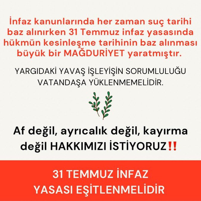 <a href="/br340054/">𝐁𝐮𝐫𝐜𝐮</a> <a href="/ahmetco01371422/">Farah Sare 🇹🇷</a> <a href="/herkesicinCHP/">CHP 🇹🇷</a> <a href="/eczozgurozel/">Özgür Özel</a> <a href="/AylinNazliaka/">Aylin Nazlıaka 🇹🇷</a> <a href="/eczburhan/">Burhanettin Bulut</a> <a href="/avdenizyucel/">Av. Deniz Yücel</a> <a href="/EnsarAytekin10/">Ensar Aytekin</a> <a href="/GokceGokcen/">gökçen gökçe</a> <a href="/avgulsahdeniz/">Gülşah DENİZ-ATALAR</a> <a href="/CHPMuratBakan/">Murat BAKAN</a> <a href="/uzunpinar91/">Pınar Uzun Okakın</a> <a href="/Suat_Ozcagdas/">Suat Özçağdaş</a> <a href="/ulasskarasu/">Ulaş Karasu</a> <a href="/ykaratepe/">Yalçın Karatepe</a> <a href="/YankiBagcioglu/">Yankı Bağcıoğlu</a> <a href="/gunaydingokhan/">Gökhan Günaydın</a> <a href="/melih_meric/">Melih Meriç</a> <a href="/muratemirchp/">Murat Emir</a> <a href="/SEVDAERDAN/">Av. Sevda Erdan Kılıç</a> #CovidYasasıEşitlensin 
31Temmuz Covid İnfaz Yasası Adil Değildir
Çünkü;

Aynı tarihte 
aynı suça sürüklenmiş 
aynı cezayı almış 
aynı infaz rejimine tabi 
iki ayrı kişi arasında açıkça ayrı infaz  uygulamaktadır
#31TemmuzCovidYasasıMağdurları

<a href="/yilmaztunc/">Yılmaz TUNÇ</a>
<a href="/avabdullahguler/">Abdullah Güler</a> 
<a href="/BY/">Binali Yıldırım</a>