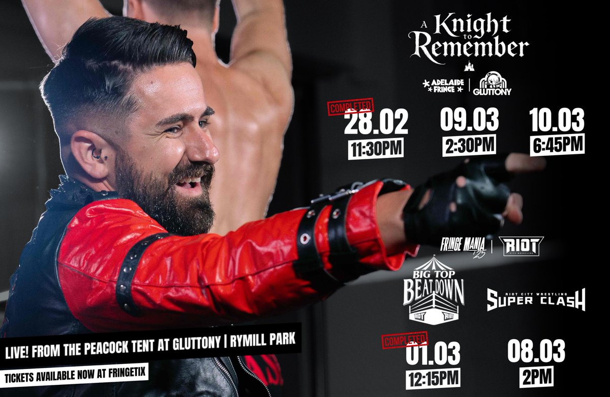 Jimmy C (@thatjimmycguy) on Twitter photo Come take a look at what I’m up to this 2025 <a href="/ADLfringe/">Adelaide Fringe</a> season at Gluttony over at the Peacock Tent! 🎪
A Knight To Remember +
<a href="/rcwrestling/">Riot City Wrestling</a> #RCWFringeMania
🎫 Tickets available NOW at FringeTix Come take a look at what I’m up to this 2025 <a href="/ADLfringe/">Adelaide Fringe</a> season at Gluttony over at the Peacock Tent! 🎪
A Knight To Remember +
<a href="/rcwrestling/">Riot City Wrestling</a> #RCWFringeMania
🎫 Tickets available NOW at FringeTix