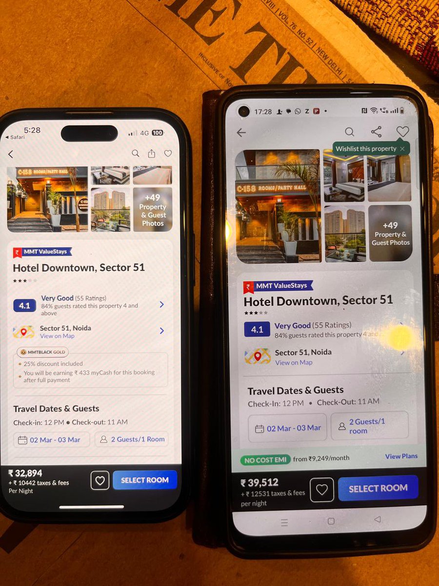 anandseth48's tweet image. Booking a hotel on @makemytrip and noticed something strange—identical rooms, identical dates, but two different prices at the same time on two different mobile apps. Can you clarify why? #HiddenCharges? #PricingIssue