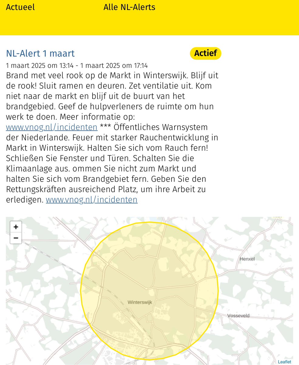 NL-Alert verzonden voor brand aan de Markt in Winterswijk