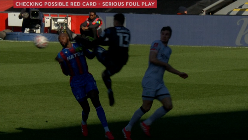 standardsport's tweet photo. RED CARD! 🟥

Millwall goalkeeper Roberts is shown a straight red card for a wild and reckless challenge on Mateta, which saw his studs connect with the striker's face.

Just eight minutes on the clock.

LIVE: https://t.co/o13sJOYTFI

#CRYMIL | #EmiratesFACup