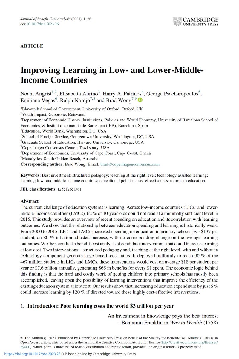 Too many kids in the poor world learn very little in school.
Structured pedagogy+learning at right level can help. Delivers $600+ billion in benefits. 65x back on dollar.

#SDGs research for Copenhagen Consensus published by Cambridge University Press

cambridge.org/core/journals/…