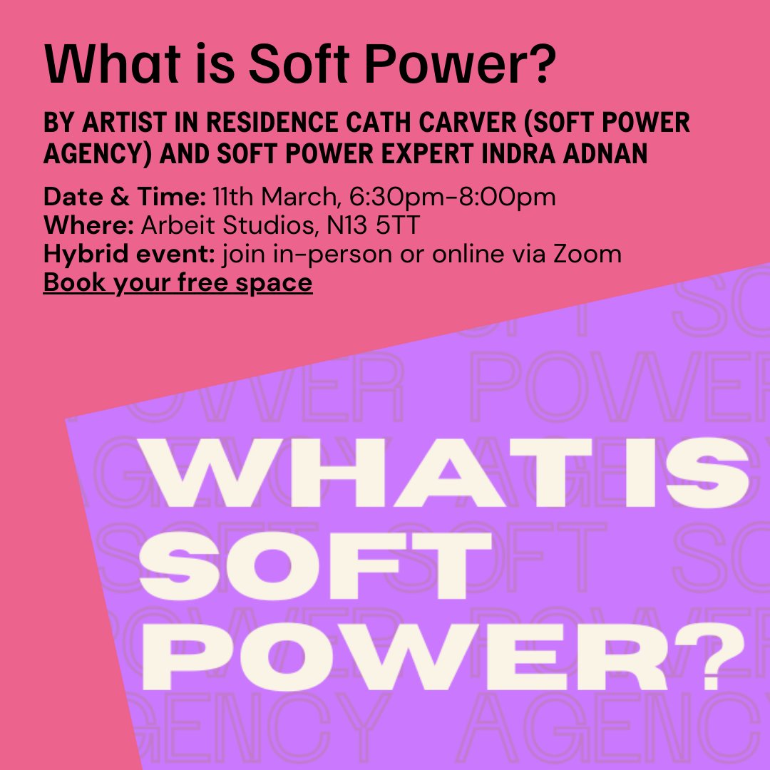 What is Soft Power? 

Join artist Cath Carver and soft power expert Indra Adnan for a workshop exploring power, agency, and collective imagination.

We’ll consider the differences between hard and soft power, where our agency lies &amp; more!

Book here → bit.ly/4i4BVEg