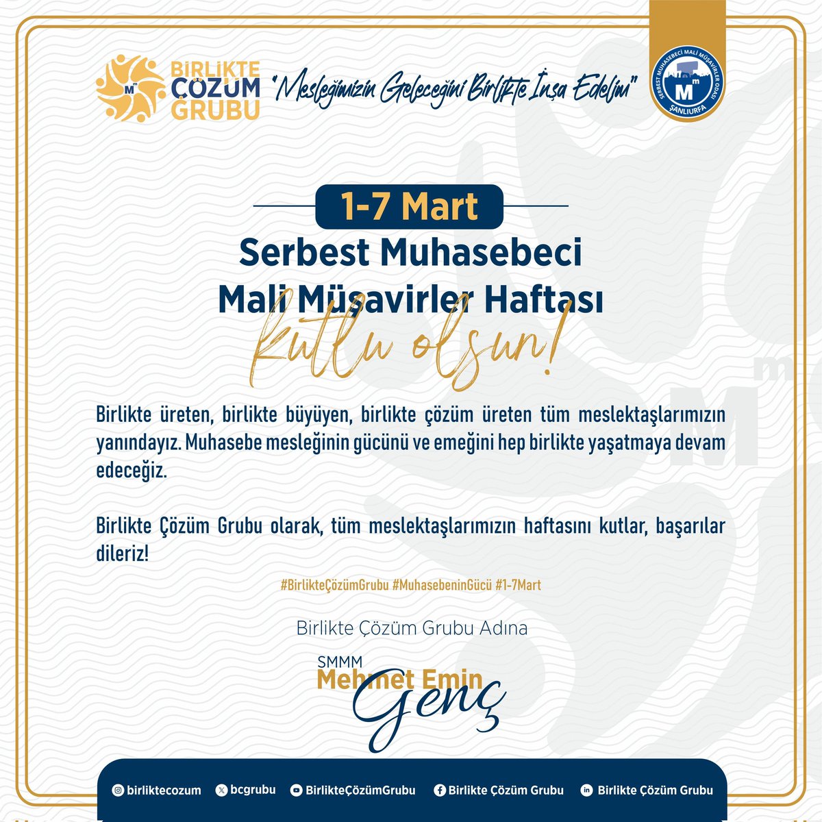 Birlikte Çözüm Grubu olarak, tüm meslektaşlarımızın haftasını kutlar, başarılar dileriz!  

#BirlikteÇözümGrubu #MuhasebeninGücü