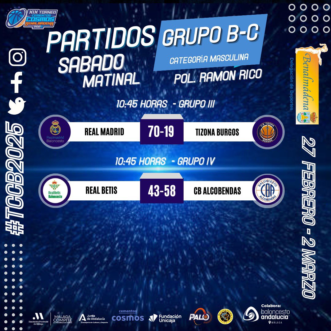 📊 ¡RESULTADOS CATEGORÍA MASCULINA!

Así acaba la jornada de partidos de esta mañana en esta nueva edición del Torneo Cementos Cosmos Benalmádena!

🟠🔵 #TCCB2025
