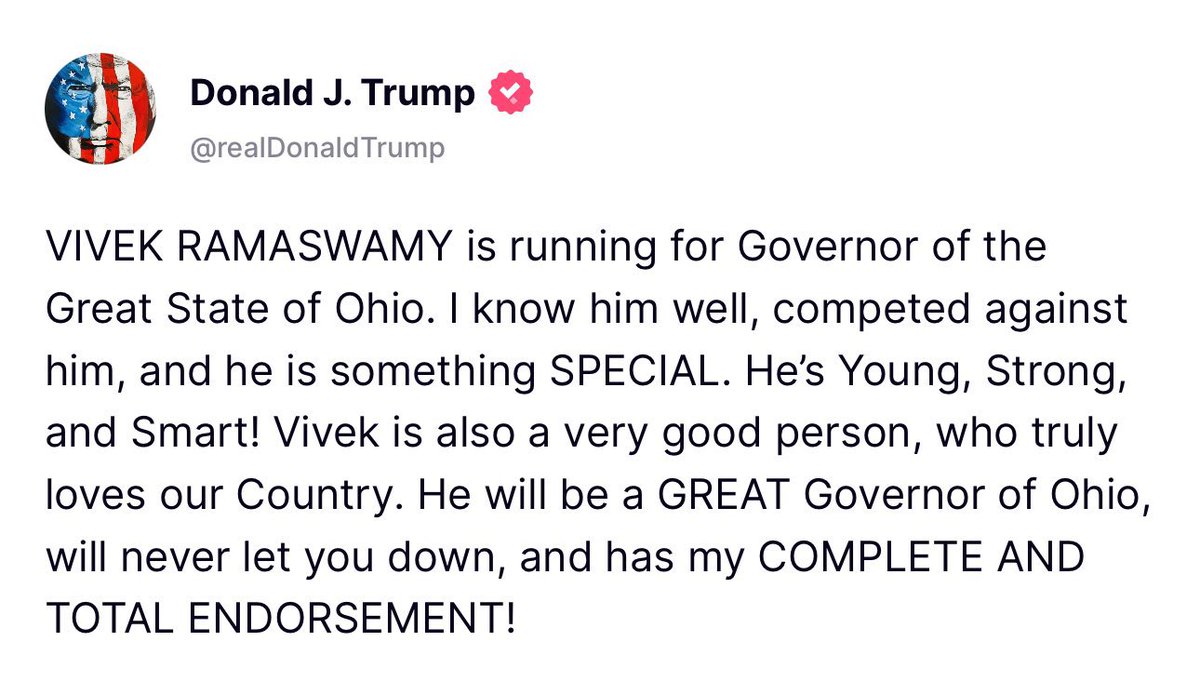 Vivek2025Ohio's tweet image. Thank you @realDonaldTrump I’m truly honored. Let’s make Ohio great again
