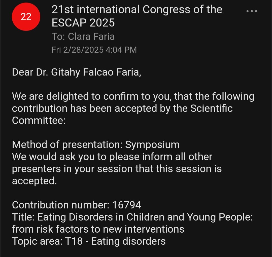 Clara Faria (@claragfaria1) on Twitter photo Super thrilled to share I will be in <a href="/ESCAPonline/">ESCAP</a> 2025 International Congress to talk about #eatingdisorders alongside the experts <a href="/Tamsin_J_Ford/">Professor Tamsin Ford π</a>, <a href="/BenjaminGeers/">Benjamin Geers</a>, <a href="/drbould/">Dr Helen Bould</a> Professor Francesca Solmi and Anya R!
Also, super happy I got a place to attend ESCAP Summer School π Super thrilled to share I will be in <a href="/ESCAPonline/">ESCAP</a> 2025 International Congress to talk about #eatingdisorders alongside the experts <a href="/Tamsin_J_Ford/">Professor Tamsin Ford π</a>, <a href="/BenjaminGeers/">Benjamin Geers</a>, <a href="/drbould/">Dr Helen Bould</a> Professor Francesca Solmi and Anya R!
Also, super happy I got a place to attend ESCAP Summer School π