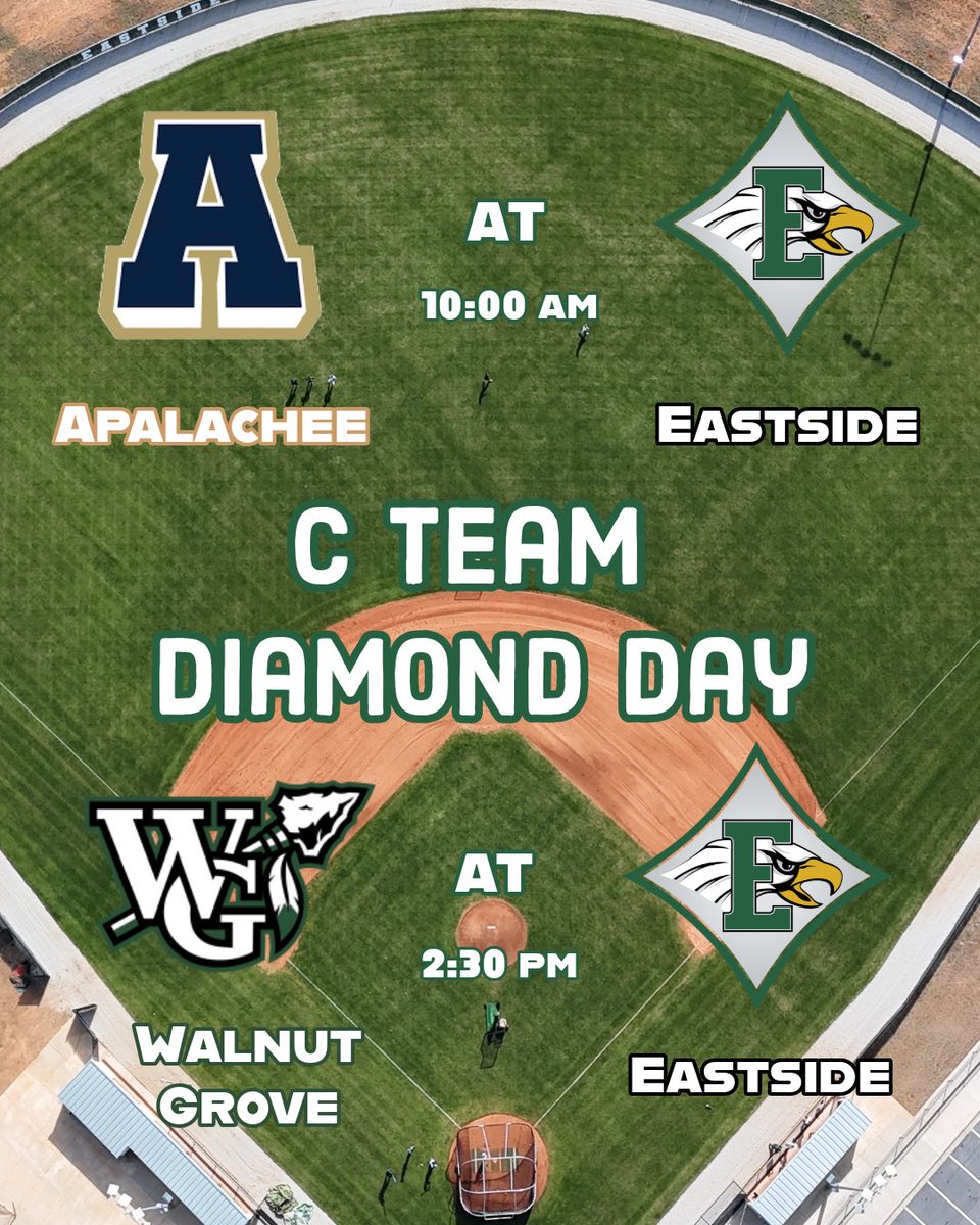 🟢C Team Diamond Day
🆚 Apalachee
🆚 Walnut Grove
⏰ 10:00 AM &amp; 2:30 PM
📍Eastside High School