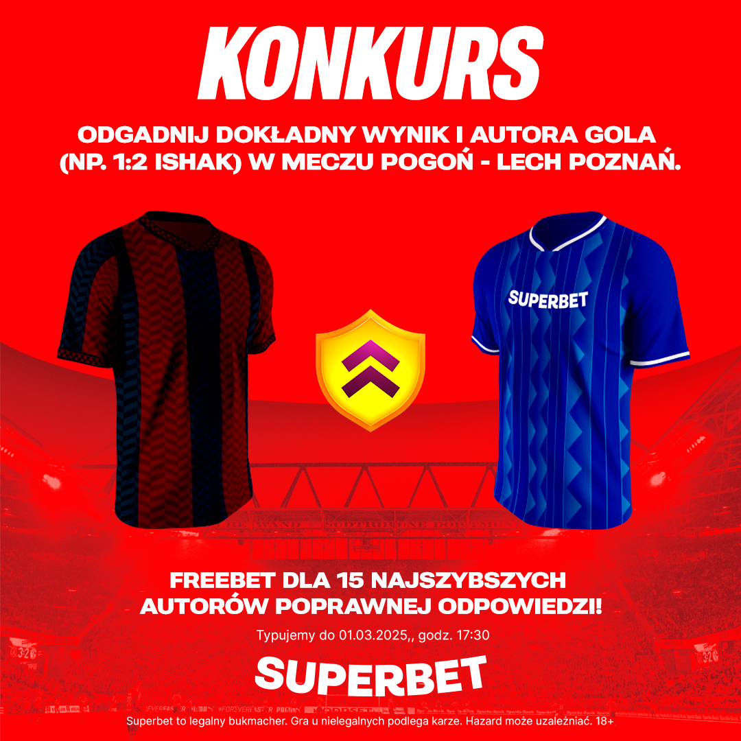 SuperbetPL's tweet photo. #KONKURS!  Wytypuj w odpowiedziach dokładny wynik oraz zdobywcę gola ⚽️ w meczu Pogoń Szczecin - @LechPoznan  i zgarnij freebet! 
-- 
✅ Zaobserwuj @SuperbetPL
 
❤️ Polub wpis i 🔄 podaj go dalej 
👤 Dodaj nick z Superbet 
🎁 Nagroda = FREEBET 50 PLN 

#Ekstraklasa #POGLPO https://t.co/OYUbbZqcbU