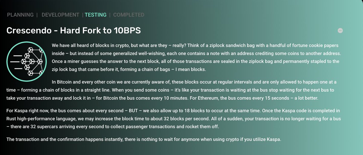 $KAS Crescendo: Hard Fork to 10BPS in Testing Phase.

Under 8 cents is a steal. Thank me later.