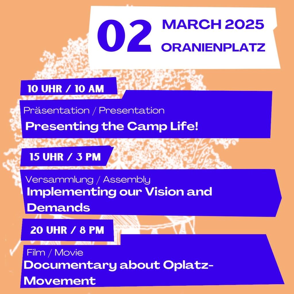 Protest camp 1st-31st of March 2025

#OPlatz lebt! Stand together – for refugee, migrant rights and climate justice

oplatz.net/o-platz-lebt-s…

#noborder #FreedomOfMovement
#Refugees #asyl #RefugeeRights #antira #antifa