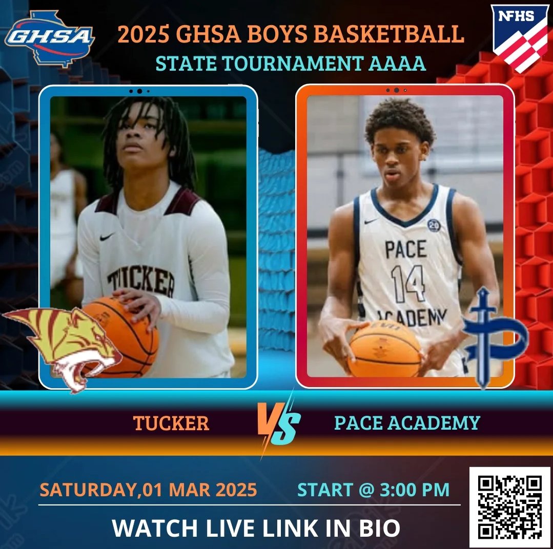 🚨 2025 GHSA Boys Basketball State Tournament AAAA 🚨
🏀 Tucker 🆚 Pace Academy
🎥 livesports.insidethegames.live/hsb.php
🗓 Saturday, 1 Mar 2025
⏰ 3:00 PM

<a href="/Pace_Hoops/">Pace Academy Men’s Basketball</a> <a href="/PaceKnights/">Pace Athletics</a>