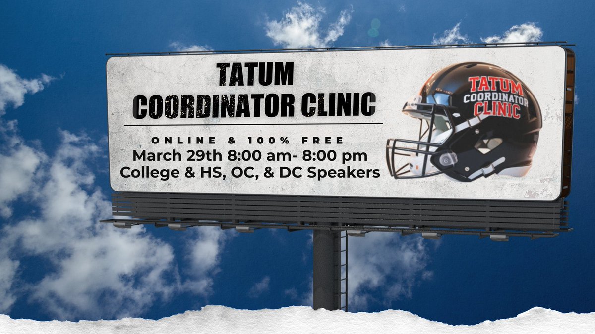 Tatum Coordinator Clinic!!

Join us March 29th 8am-8pm EST on my YouTube Channel, fully virtual and 100% free!

We still need speakers so if you are a HS or College HC, OC, or DC  please DM me and let’s get you set up!!