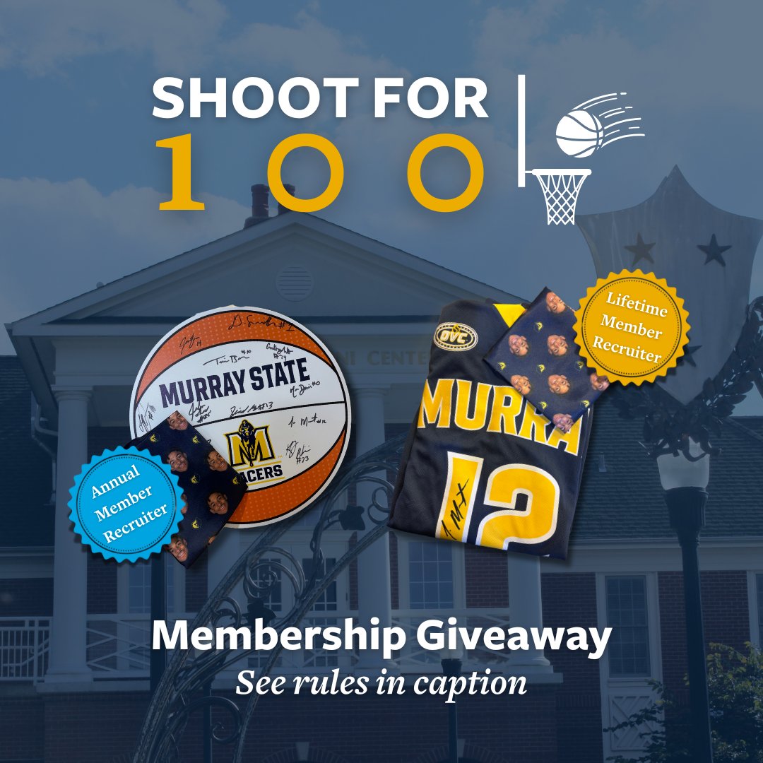 We’re shooting for 100 NEW MSUAA MEMBERS in March!! 💙💛🏀

Here’s how YOU can win big!
1. Be a member yourself
2. Recruit as many new annual or lifetime members as you can!
3. Be entered into our giveaway
4. WIN BIG

Join TODAY at murraystate.edu/alumni

*No purchase necessary*