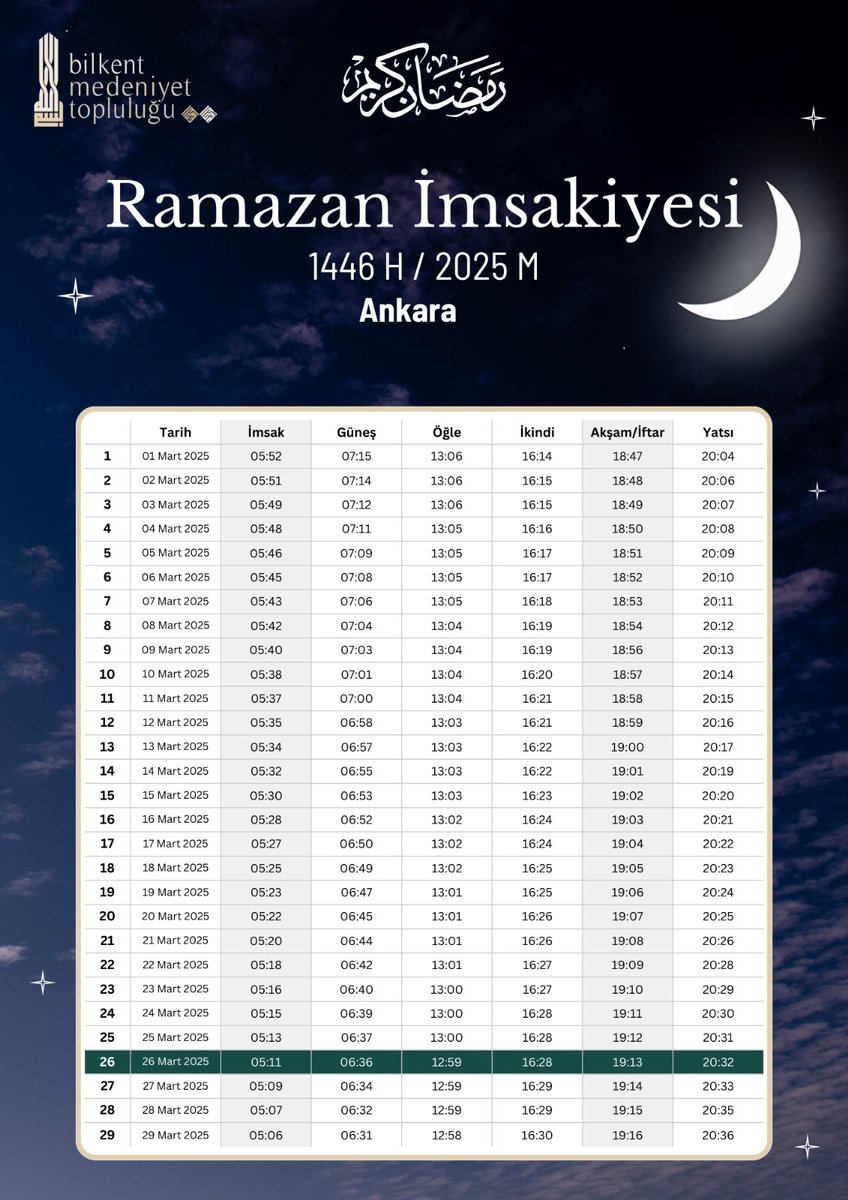 Bilkent Medeniyet Topluluğu Ramazan İmsakiyesi - 1446